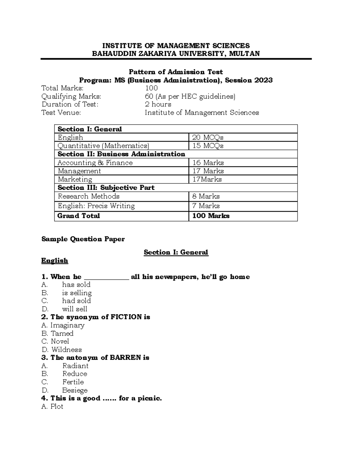 Sample Questions for MS & PhD Admission Test 2023 at IMS - Studocu
