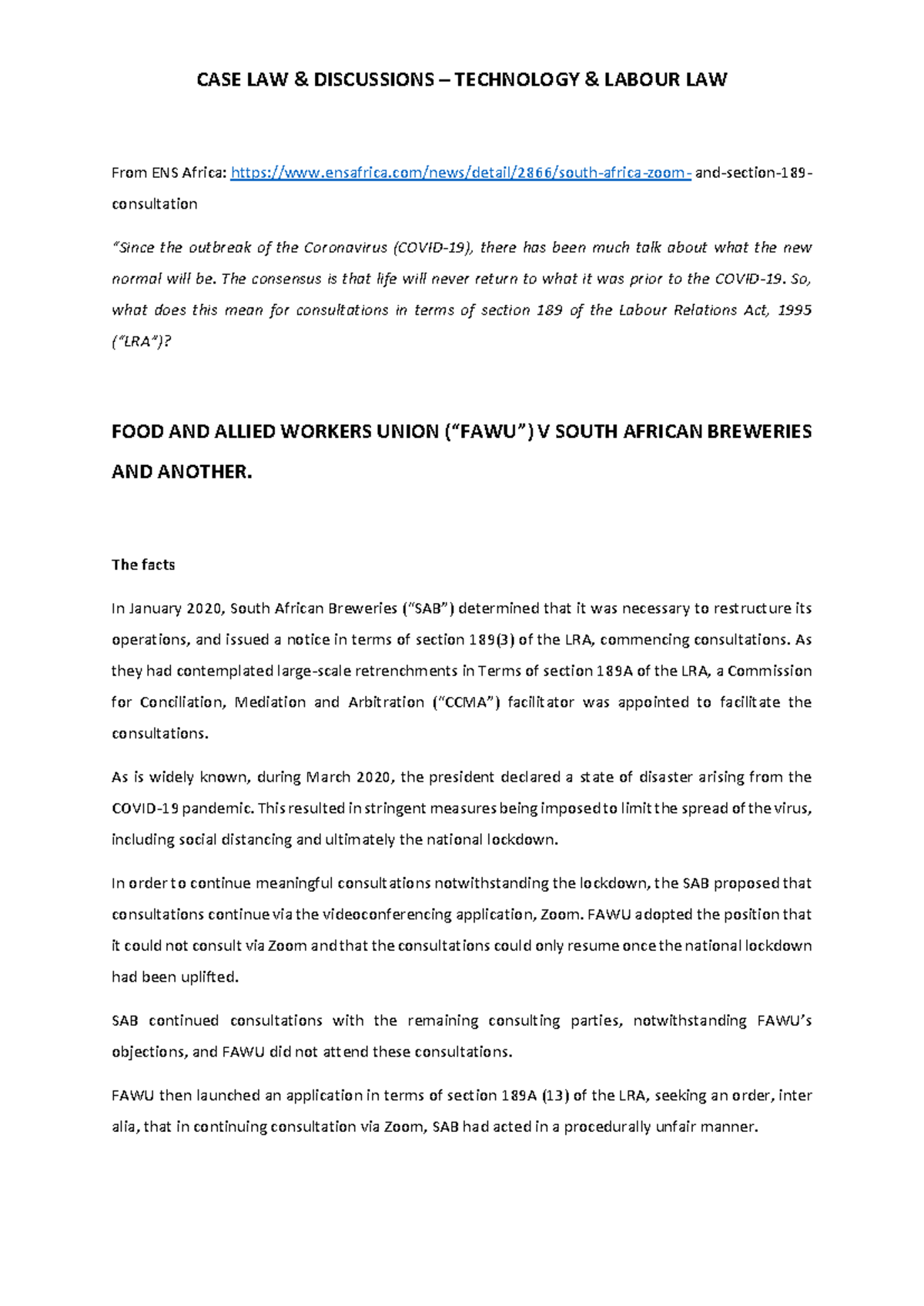 Case Law Insights on Section 189 and Technology in Labour Law - Studocu
