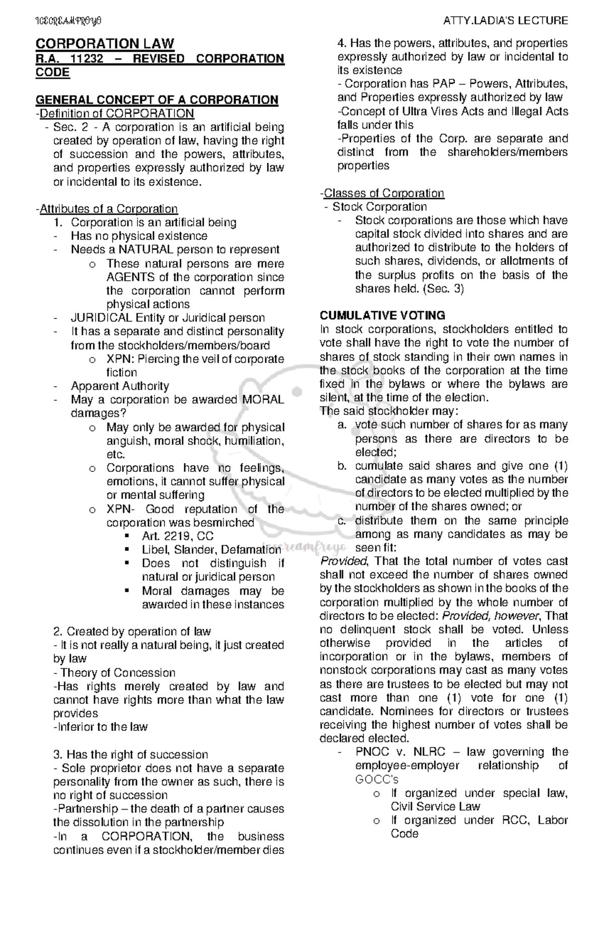 Corporation Law Lecture Notes - Atty. Ladia (CIVIL LAW) - Studocu