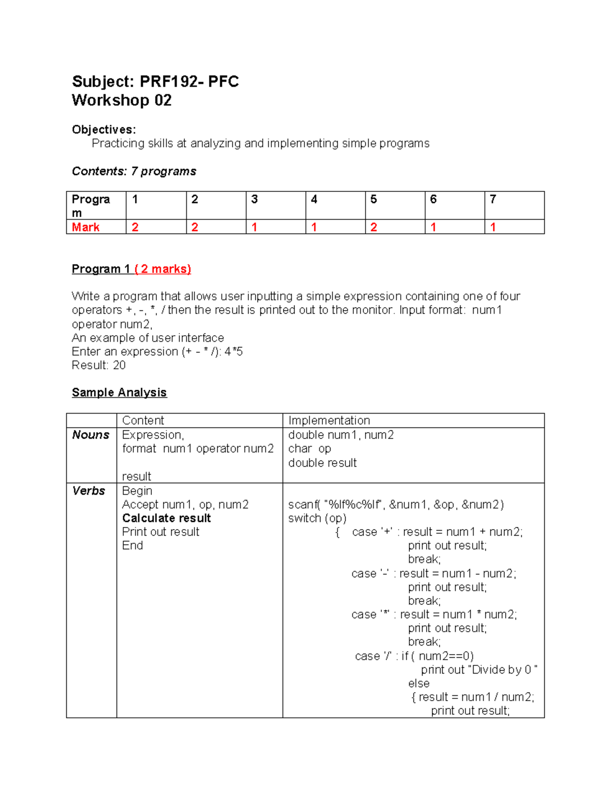 PRF192 - Workshop 02: Analyzing Simple Programs & Implementations - Studocu