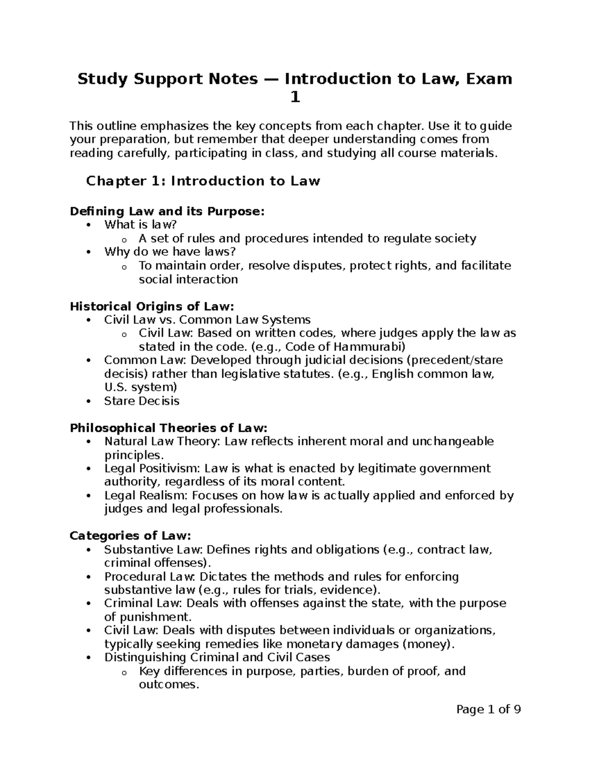Study Support Notes for Intro to Law: Key Concepts & Exam 1 Review ...
