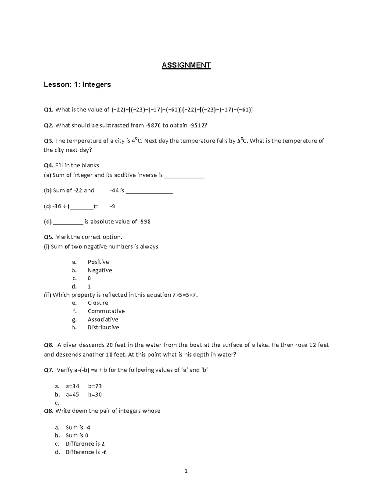 SAINIK SCHOOL GOPALGANJ MATHEMATICS CLASS VII ASSIGNMENT: INTEGERS ...