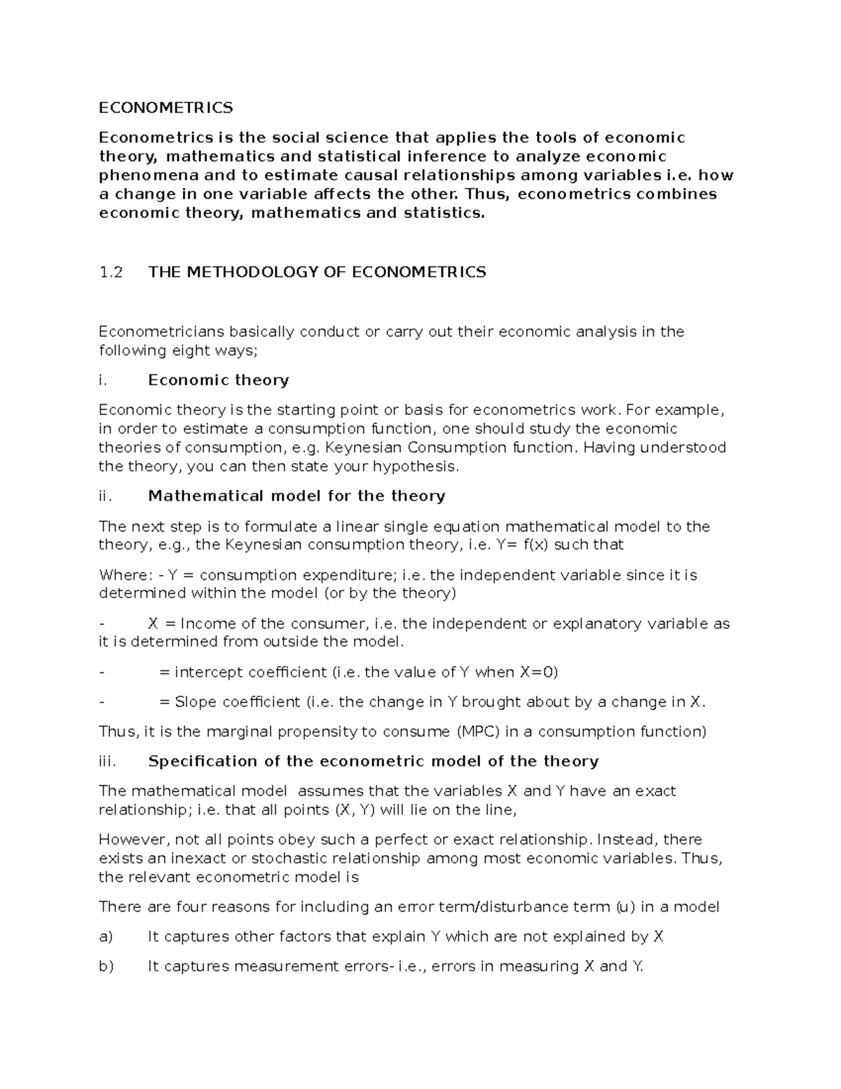 Econometrics Lecture Notes - Dr. Ruto Kemboi (ECON 101) - Studocu