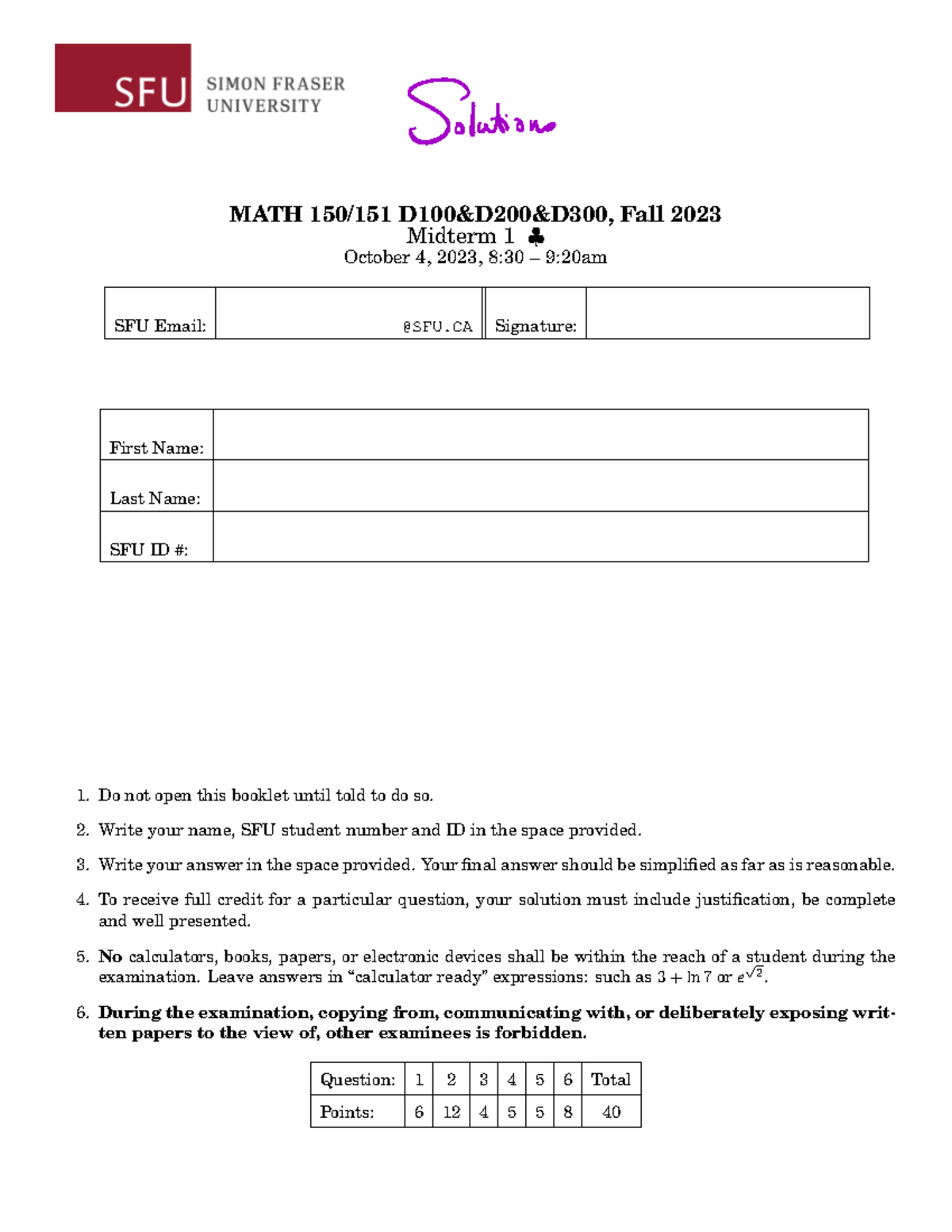 MATH Fall 2023 Midterm 1 Solutions and Justifications - Studocu
