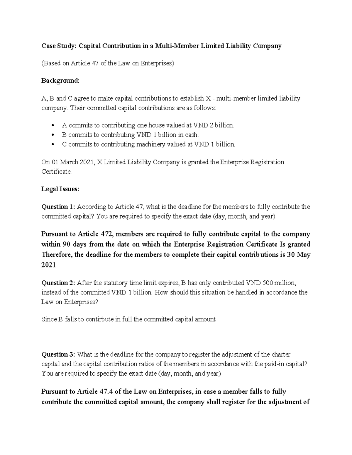 Case Study: Capital Contribution in LLC - LOE 2020 Assignment - Studocu