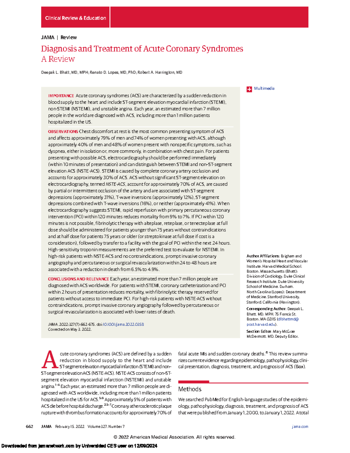 Sca Jama Diagnosis And Treatment Of Acute Coronary Syndromes A Review Diagnosis And