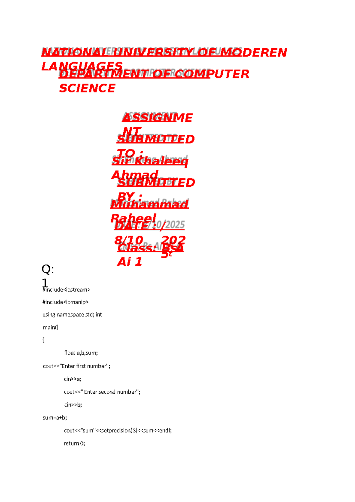 NATIONAL UNIVERSITY OF MODERN LANGUAGES CS Lab Assignment - Azan Doc ...