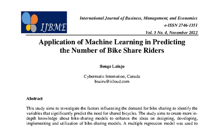 Application of Machine Learning for Bike Share Demand Prediction: IJBM ...
