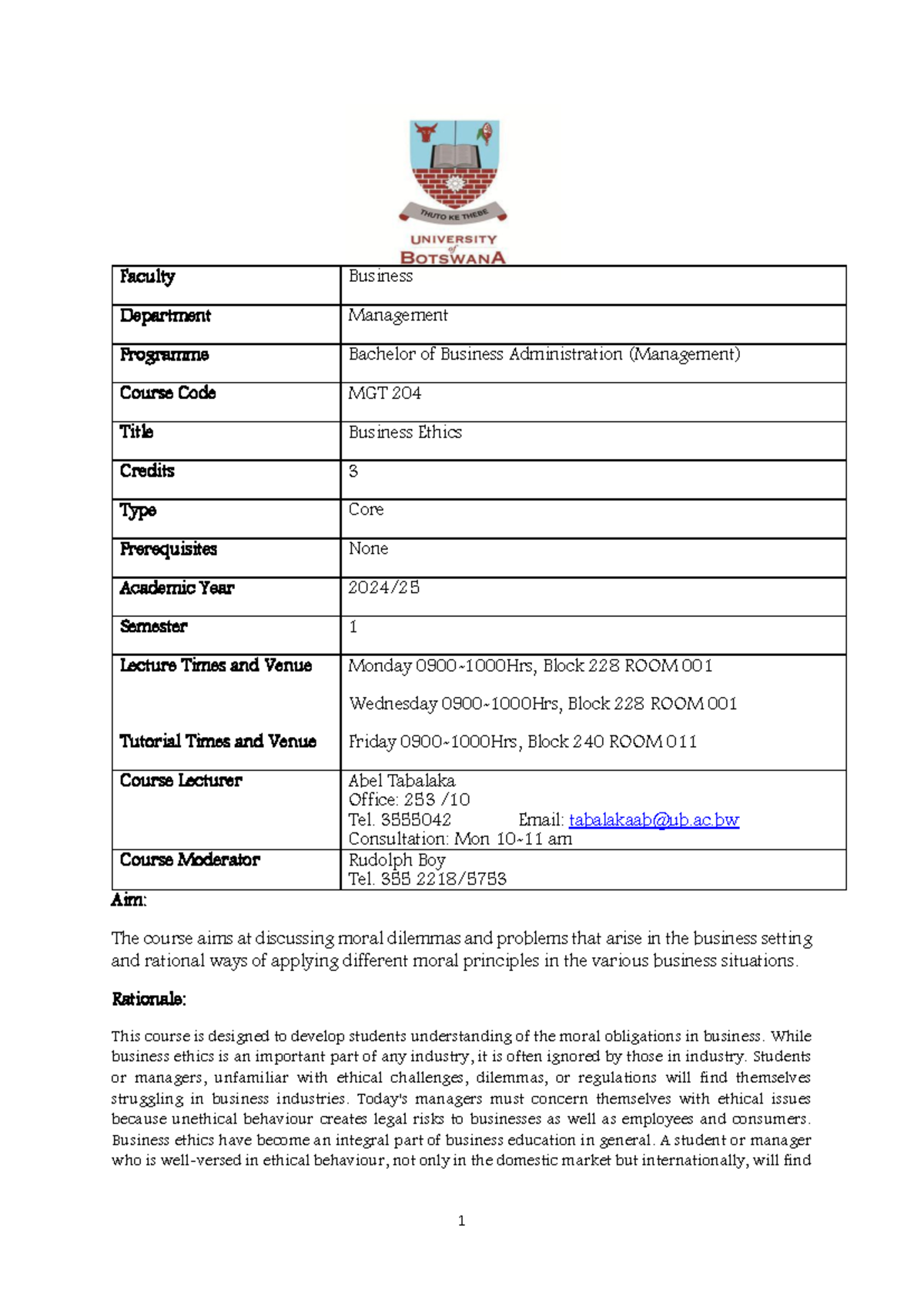 Business Ethics Course Outline MGT 204 - Academic Year 2024/25 - Studocu