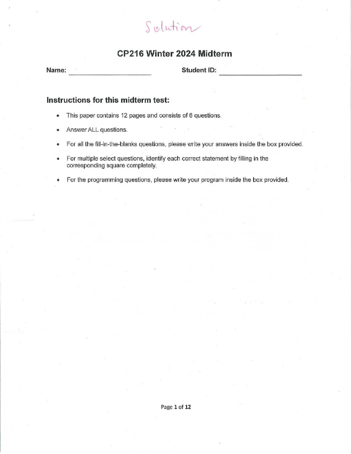 CP216 Winter 2024 Midterm exam instructions and questions - Studocu