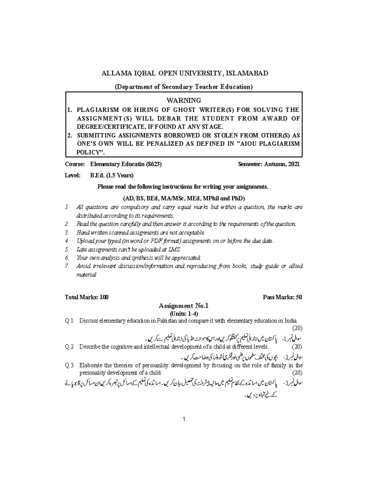 8623 - Assignment Instructions for Elementary Education Course - Studocu