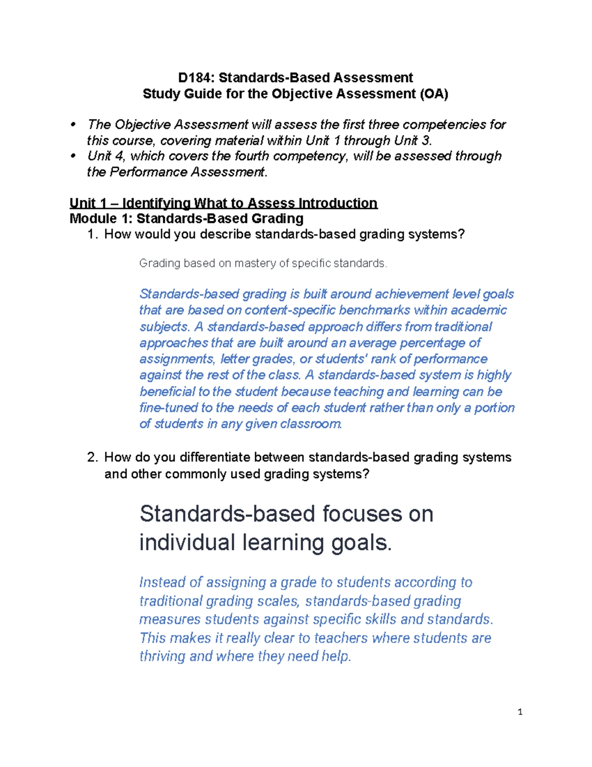 D184 Study Guide: Standards-Based Assessment for Objective Assessment ...