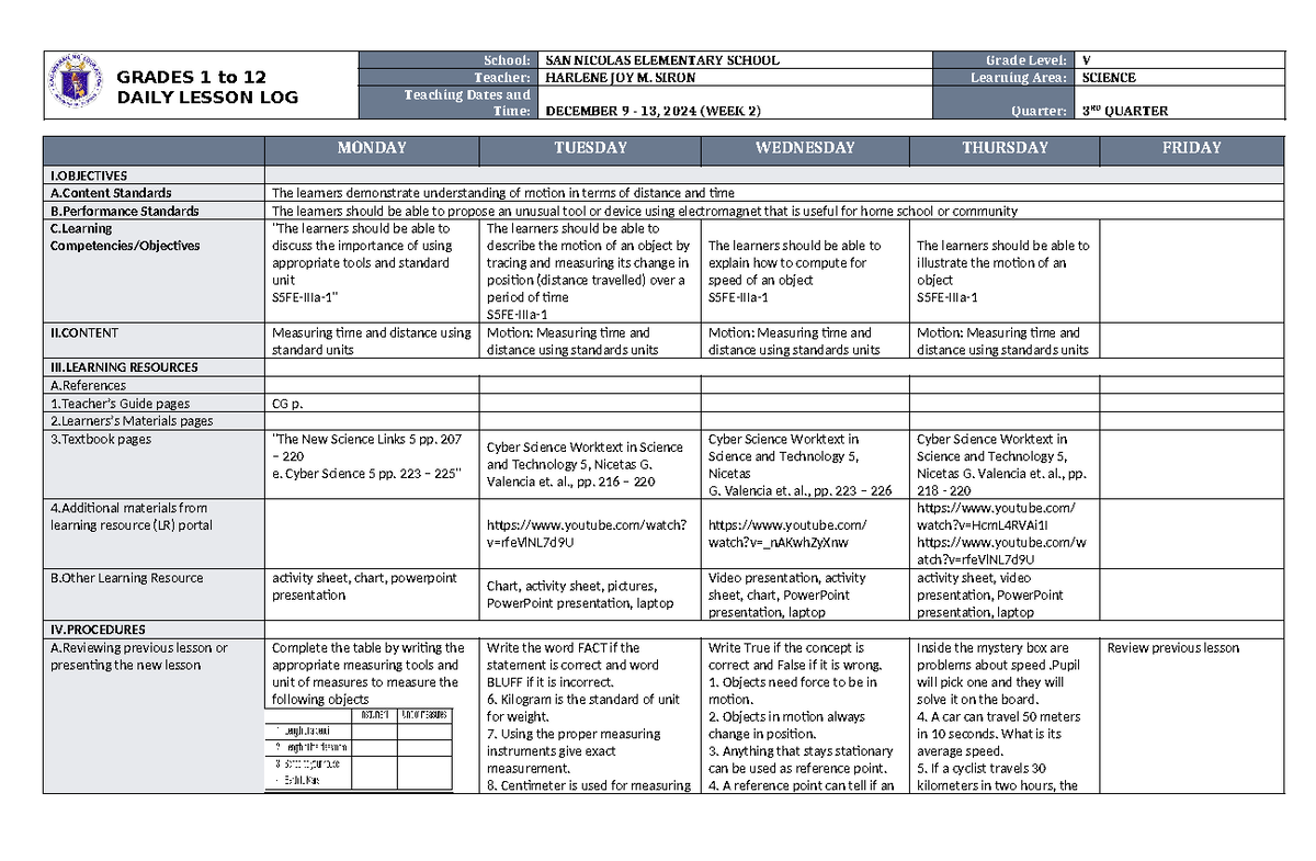 DLL Science 5 Q3 W2 - DAILY LESSON LOG - GRADES 1 to 12 DAILY LESSON ...