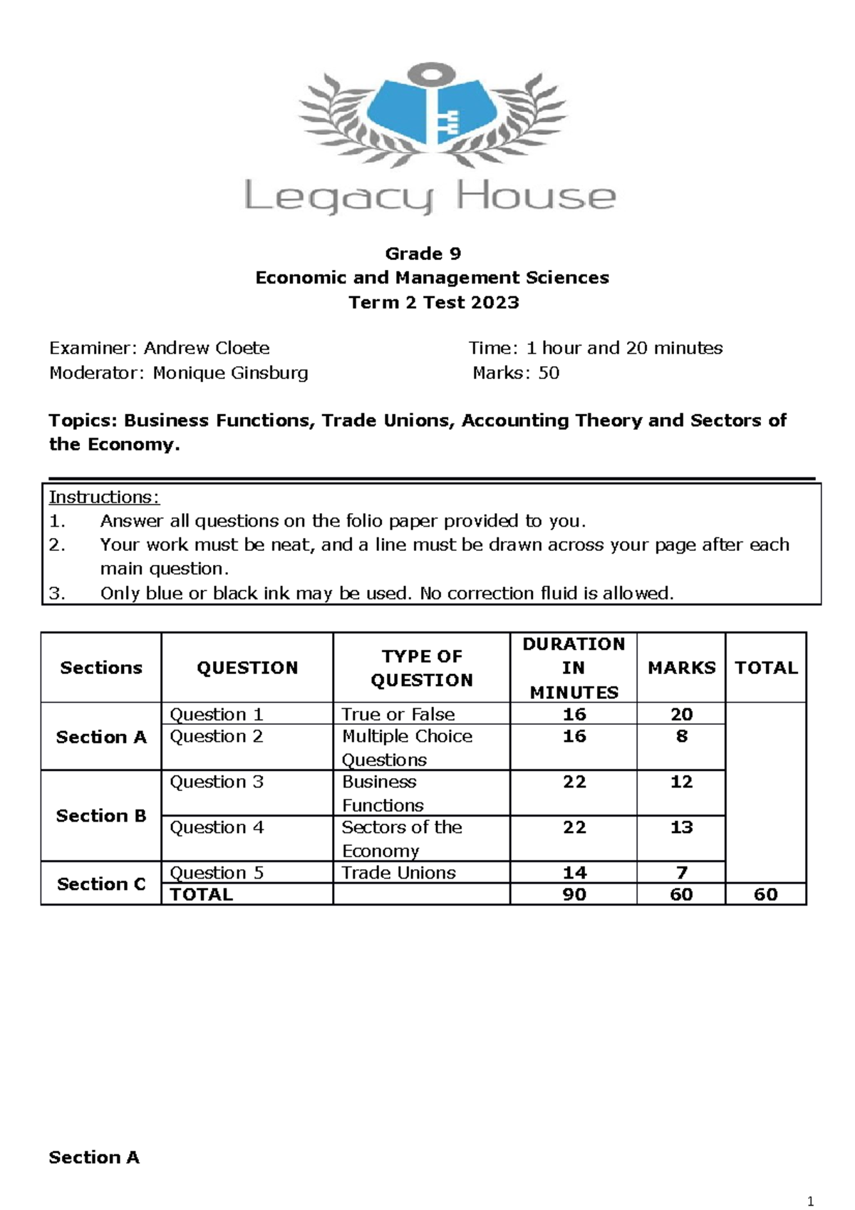 Grade 9 EMS Term 2 Test 2023 - Business Functions, Trade Unions & More ...