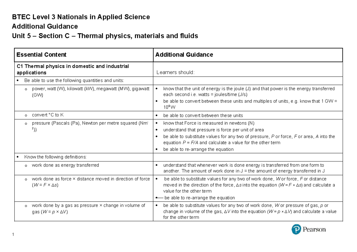 BTEC Level 3 Applied Science Unit 5 Section C: Thermal Physics & Fluids ...