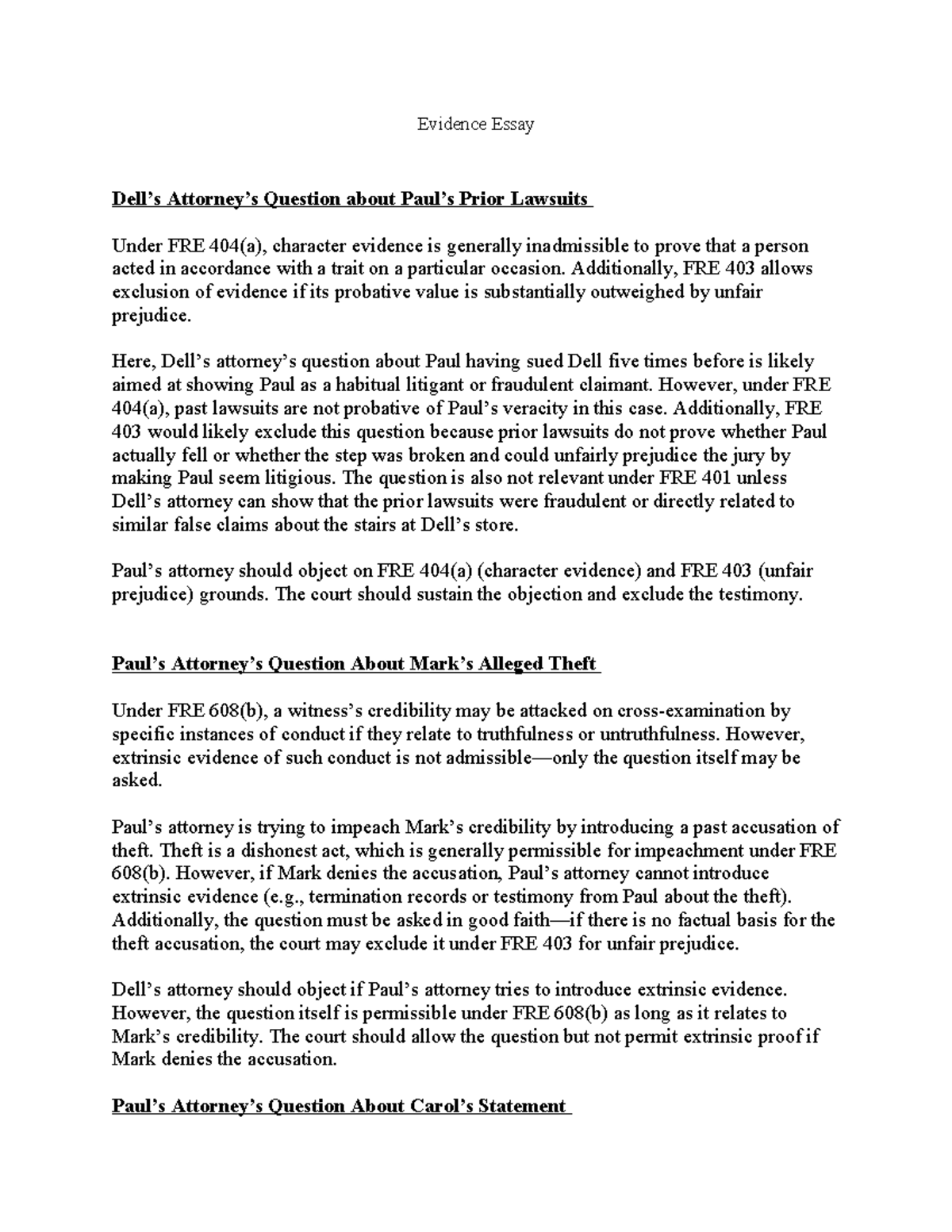 Evidence Essay Matrix: Legal Analysis of Admissibility under FRE - Studocu