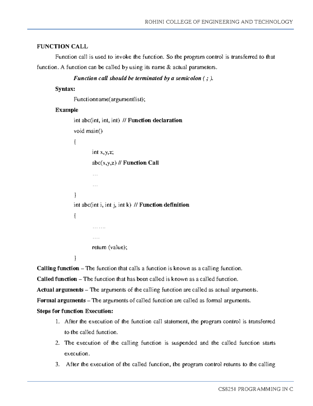 CS8251 Programming in C: Function Calls and Mathematical Functions ...