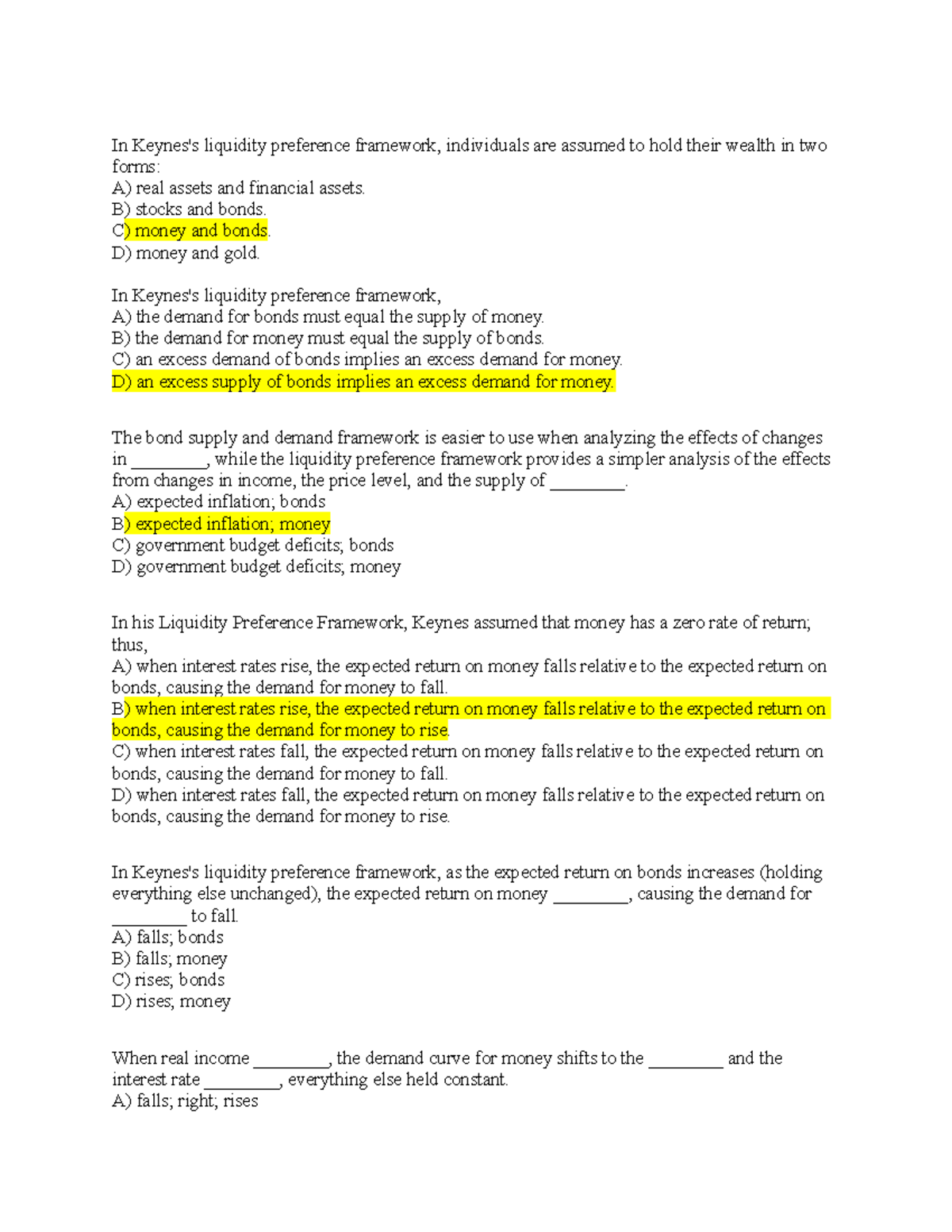 Liquidity Preference Framework Practice Questions for Econ 101 - Studocu