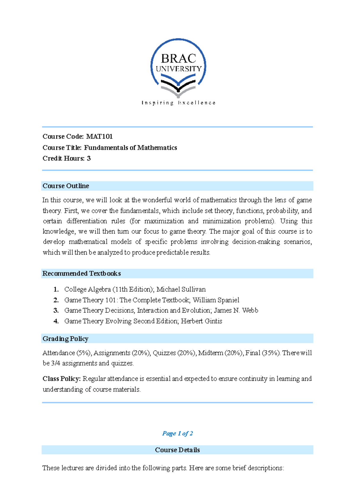 MAT101 - Fundamentals of Mathematics Course Outline and Details - Studocu