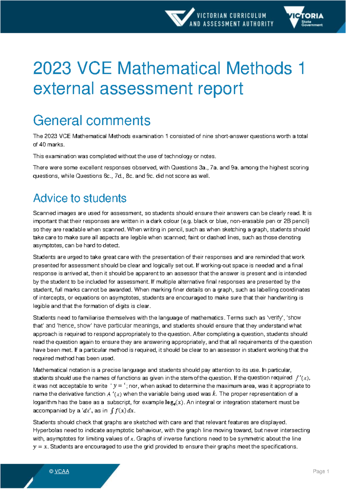 2023 VCE Mathematical Methods 1 Exam 1 Assessment Report - Studocu