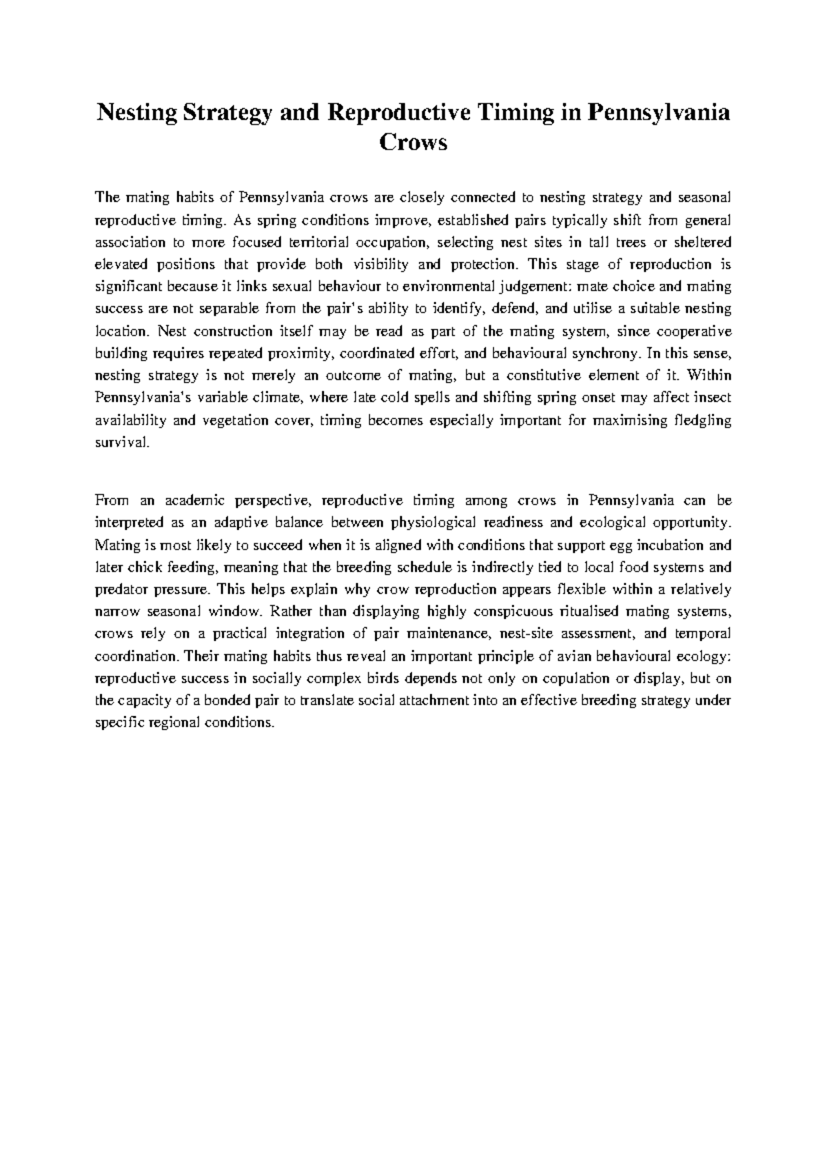 Nesting Strategy & Reproductive Timing in PA Crows: An Analysis - Studocu