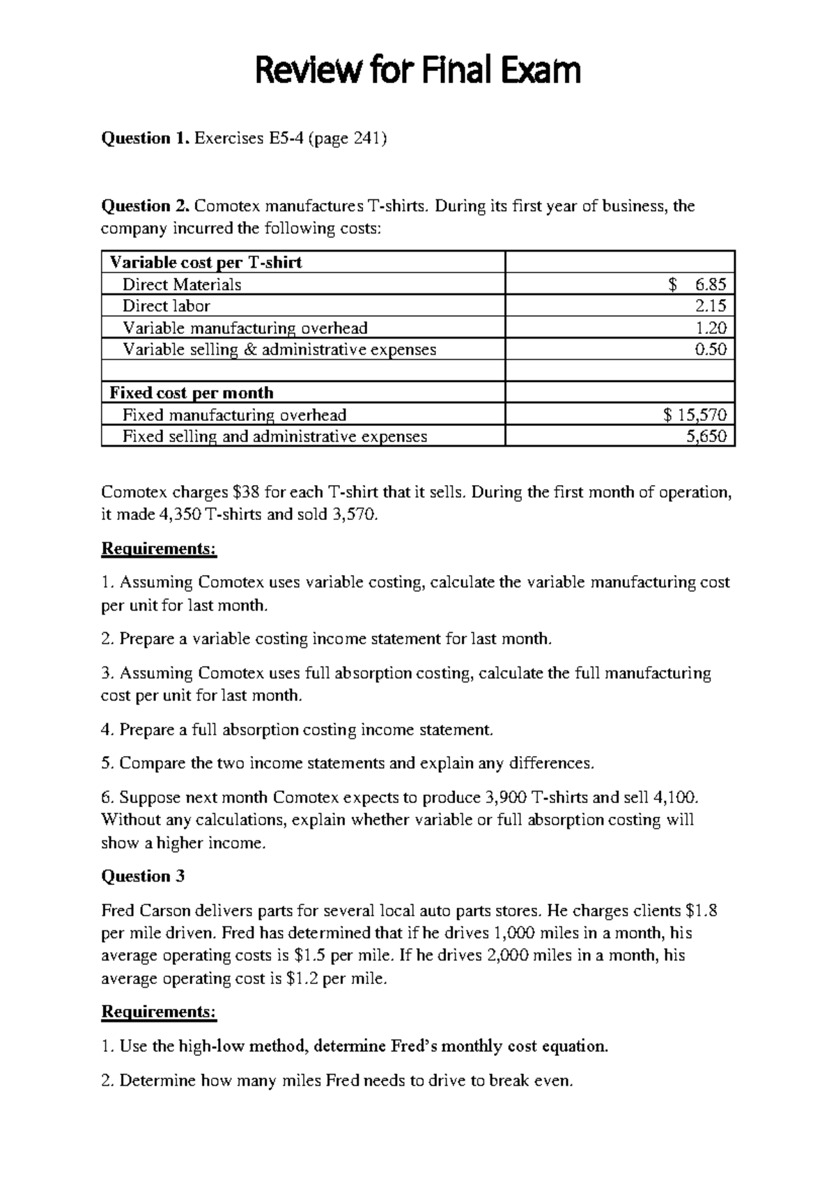 Review for Final Exam 2 - Lecture on Costing Methods and Analysis - Studocu