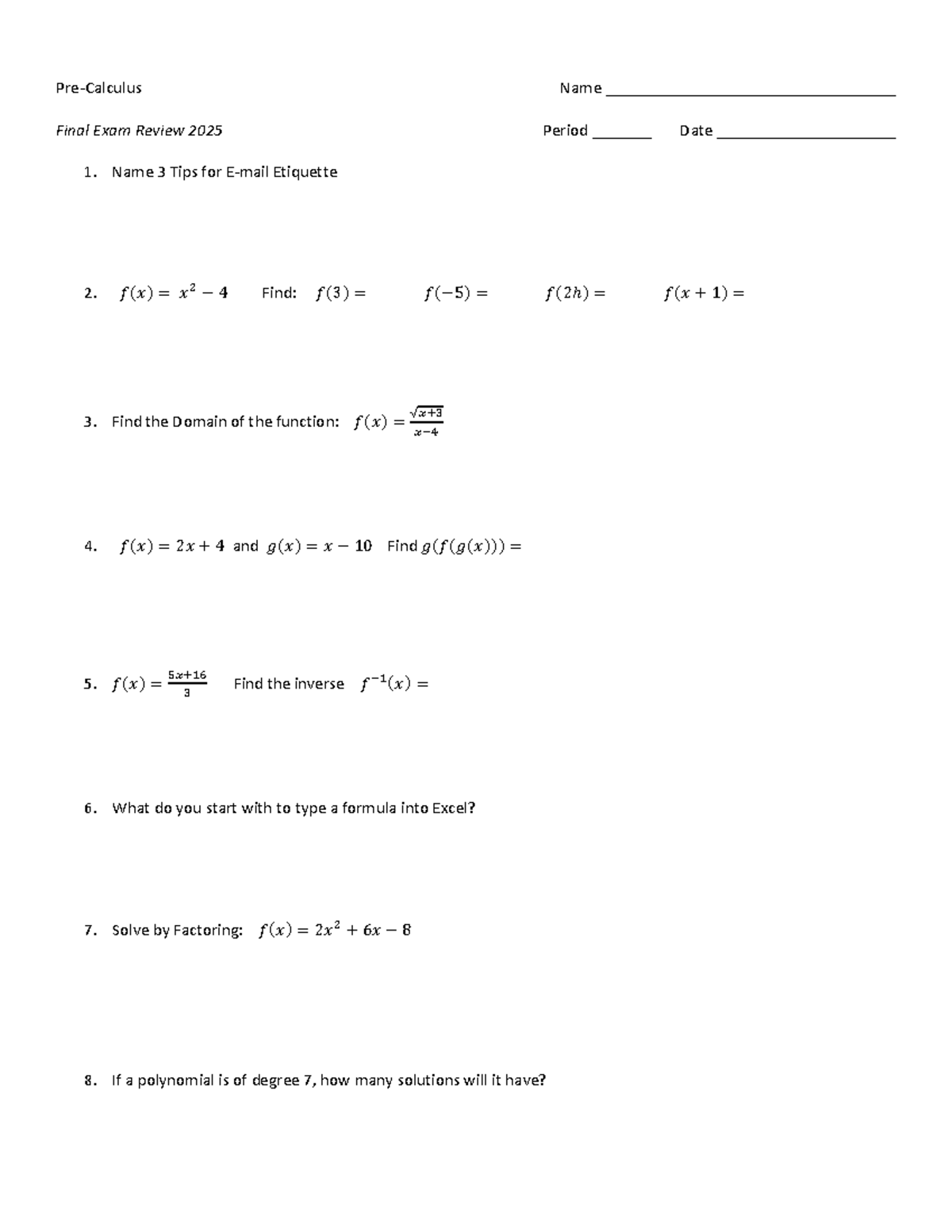 Pre-Calculus (MATH 2025) Final Exam Review: Concepts & Practice ...