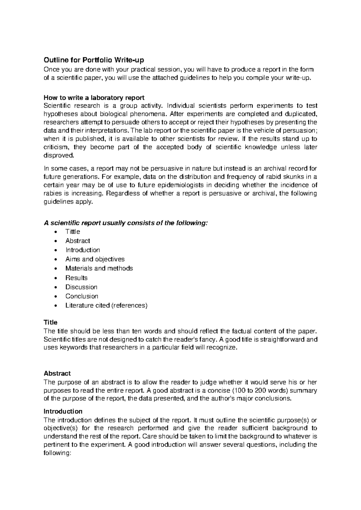 Outline for Portfolio Write-Up: Guidelines for Lab Reports - Studocu