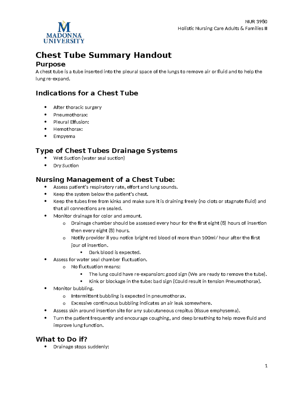NUR 3980 Chest Tube Management Summary for Holistic Nursing Care - Studocu