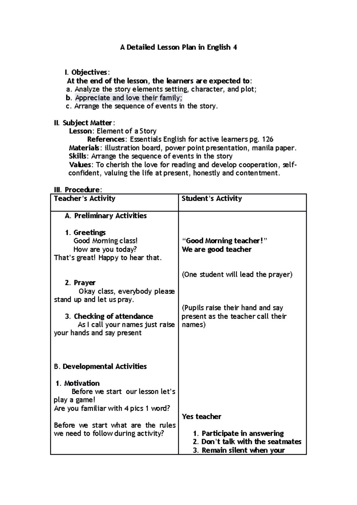 Detailed Lesson Plan: Elements of a Story - English 4 - Studocu
