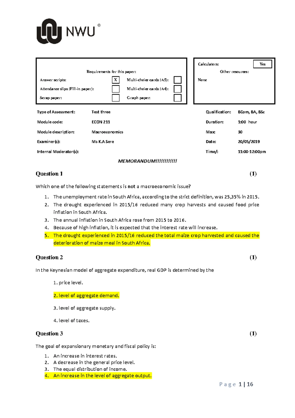Econ 211 Class Test 1 Final Memo Calculators Sakrekenaars Yes