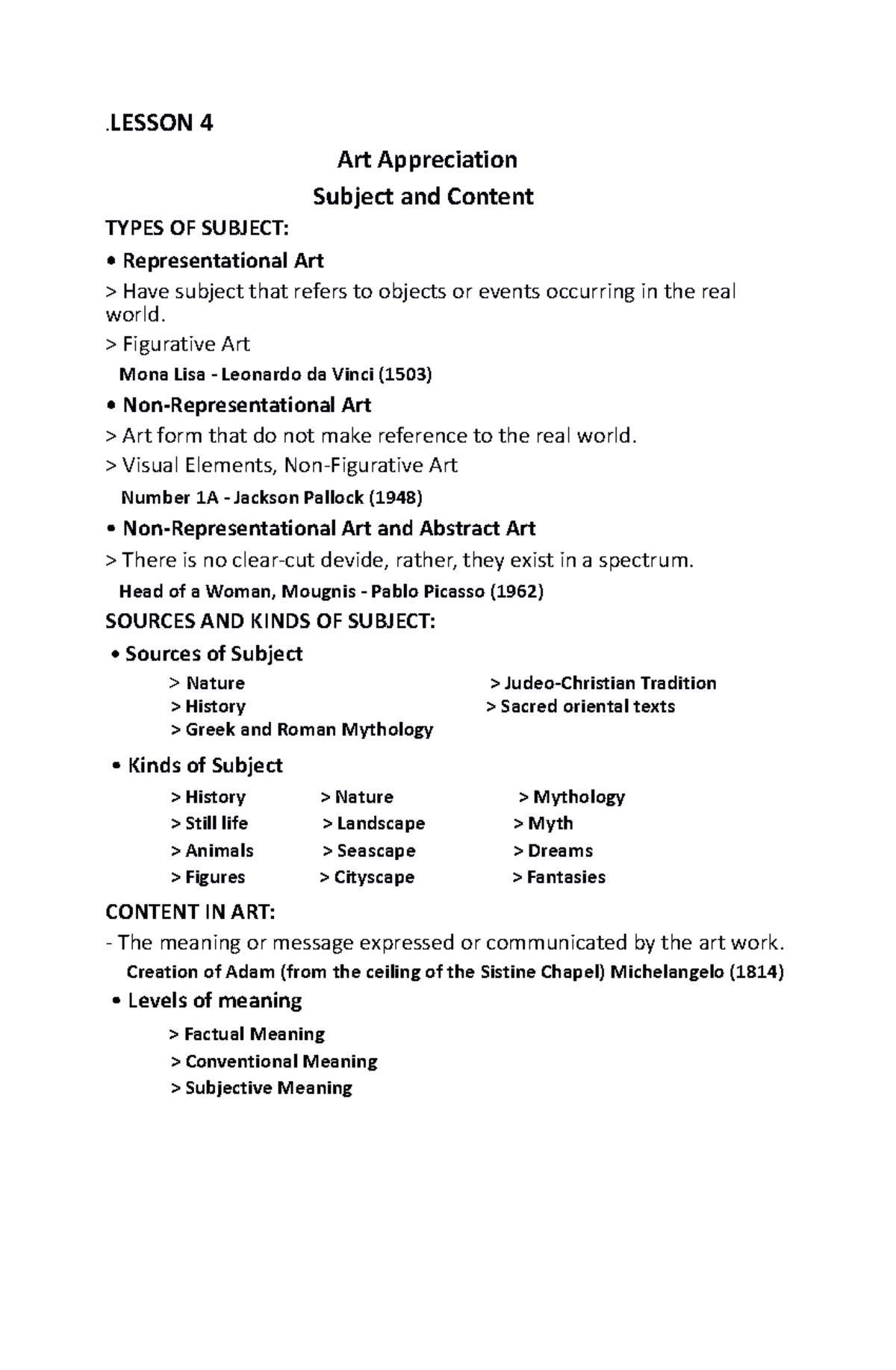 Lesson 4 - Art Appreciation Overview and Subject Types - Studocu