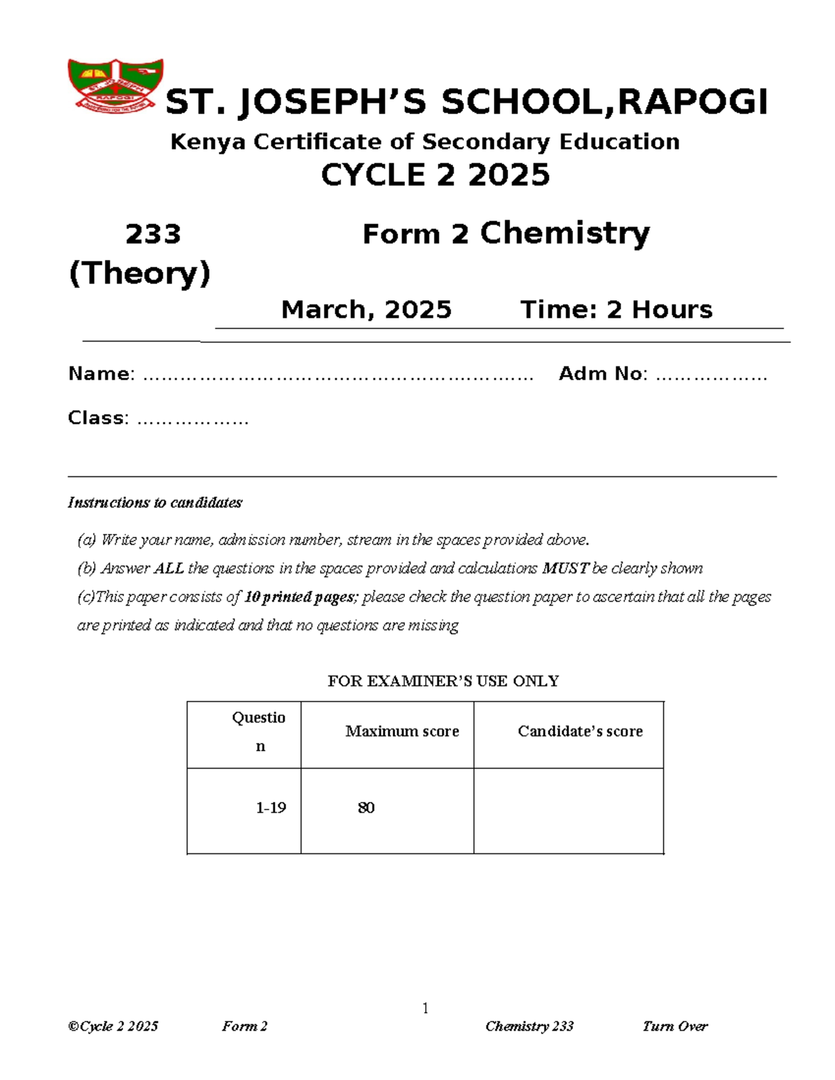 FORM 2 Chemistry 233 Cycle 2 Exam Paper - March 2025 - Studocu
