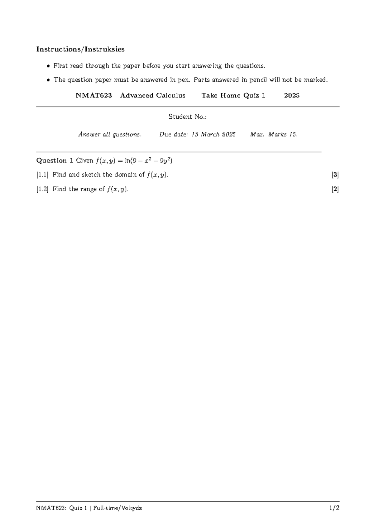 NMAT623 Quiz 1 - quiz 1 - Instructions/Instruksies First read through ...