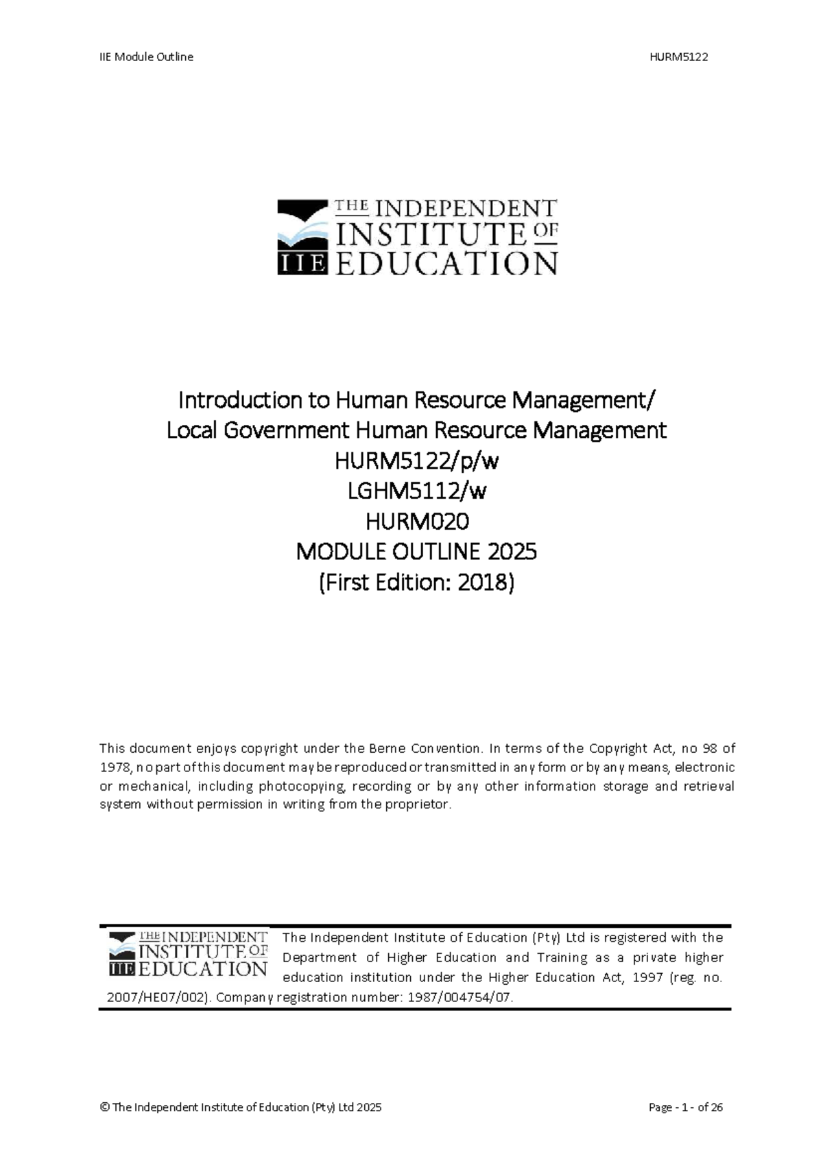 HURM5122 Module Outline: Introduction to Human Resource Management 2025 ...