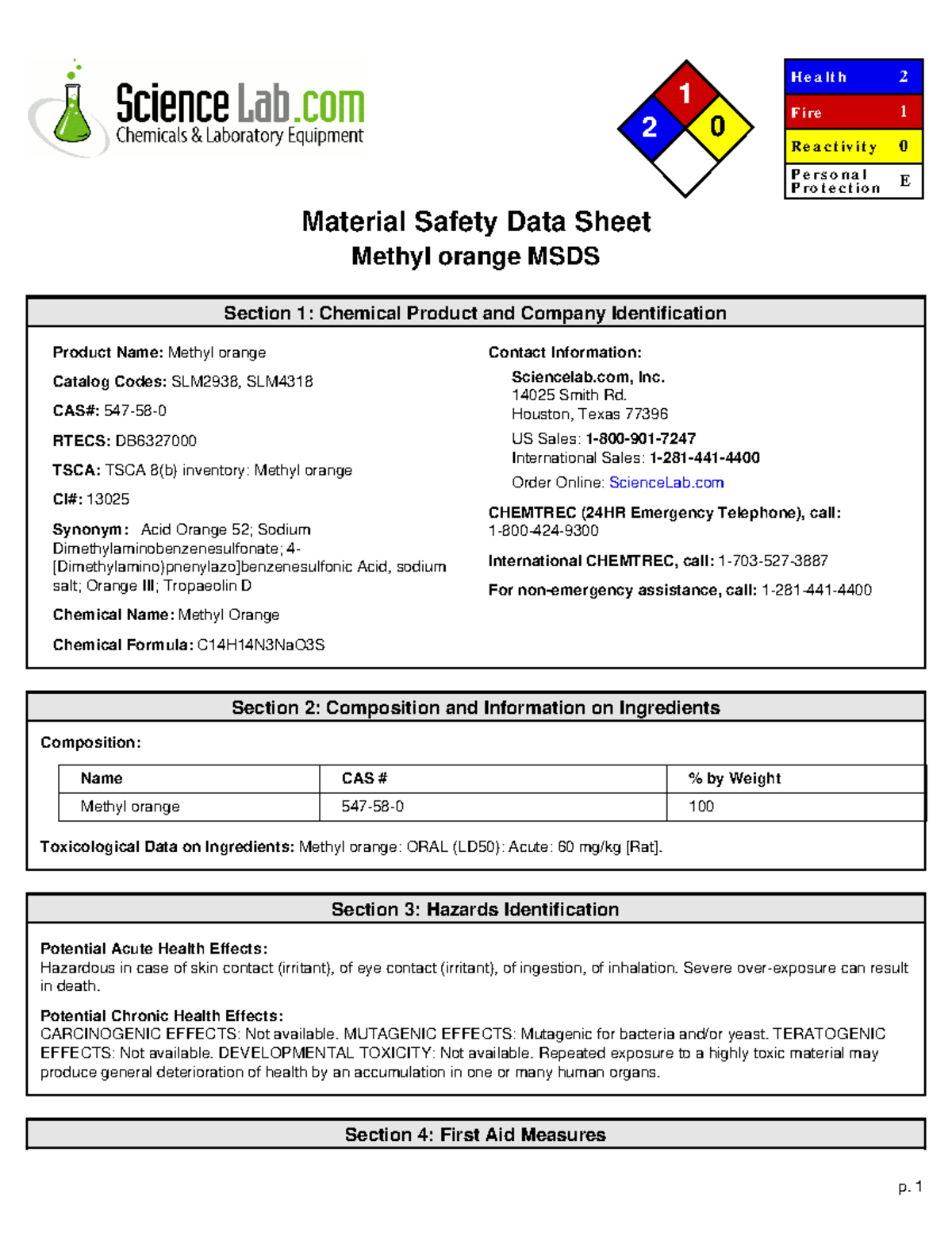 MSDS for Methyl Orange (SLM2938) - Toxicology and Safety Data - Document Preview