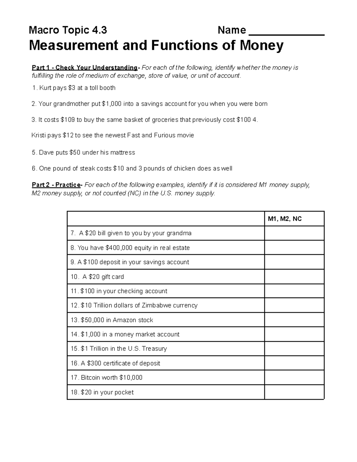 Macro Topic 4.3: Measurement & Functions of Money - Part 1 Analysis ...