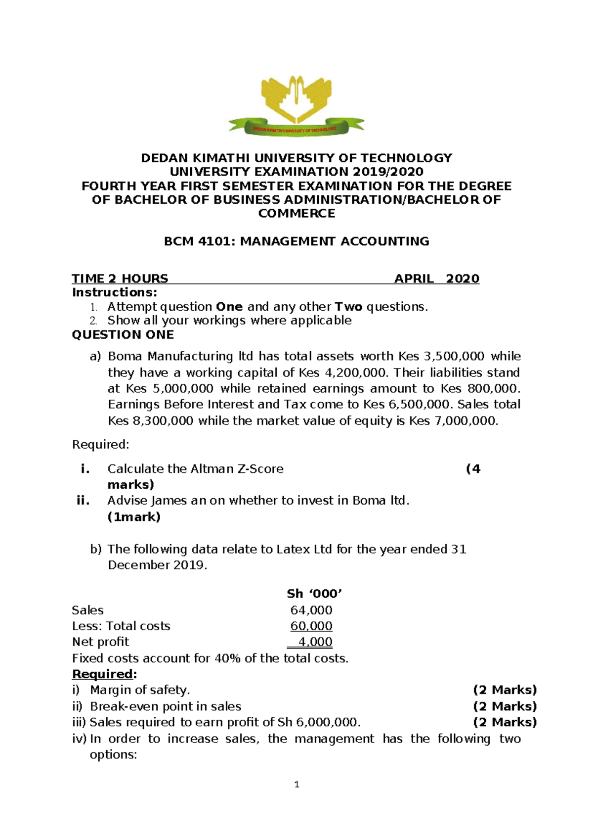 BCM 4101 management accounting final exam questions and guidelines ...