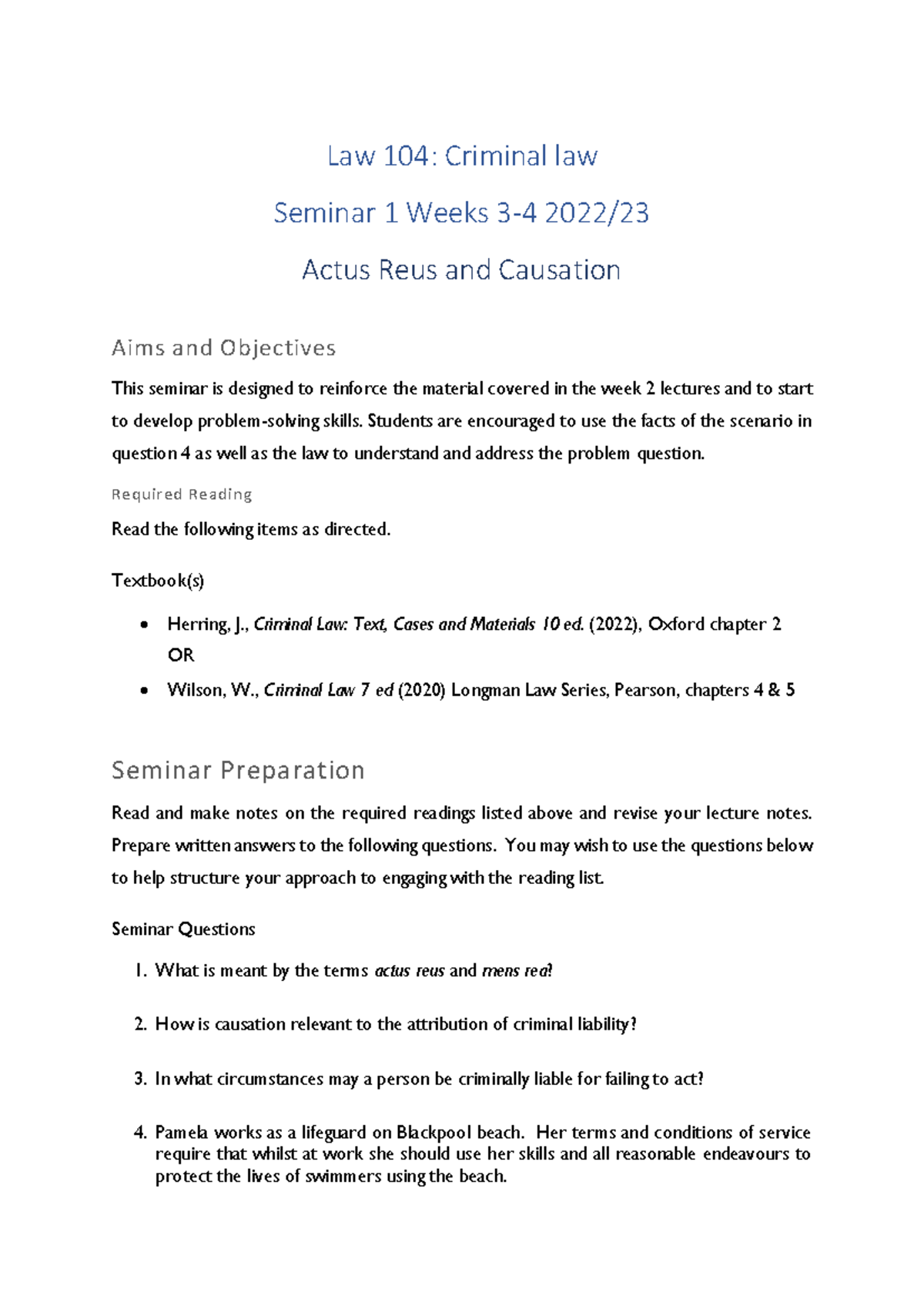 Law 104 actus reus and causation seminar 2022 - Law 104: Criminal law ...