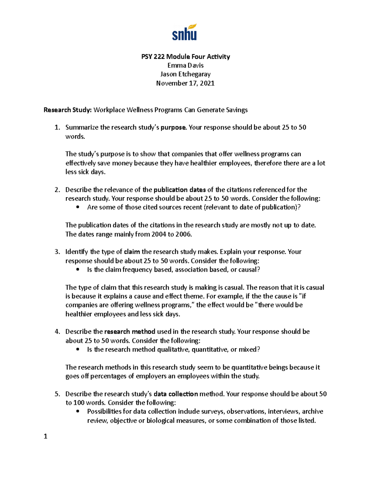 PSY222 Module Four Activity: Exploring Workplace Wellness Programs ...