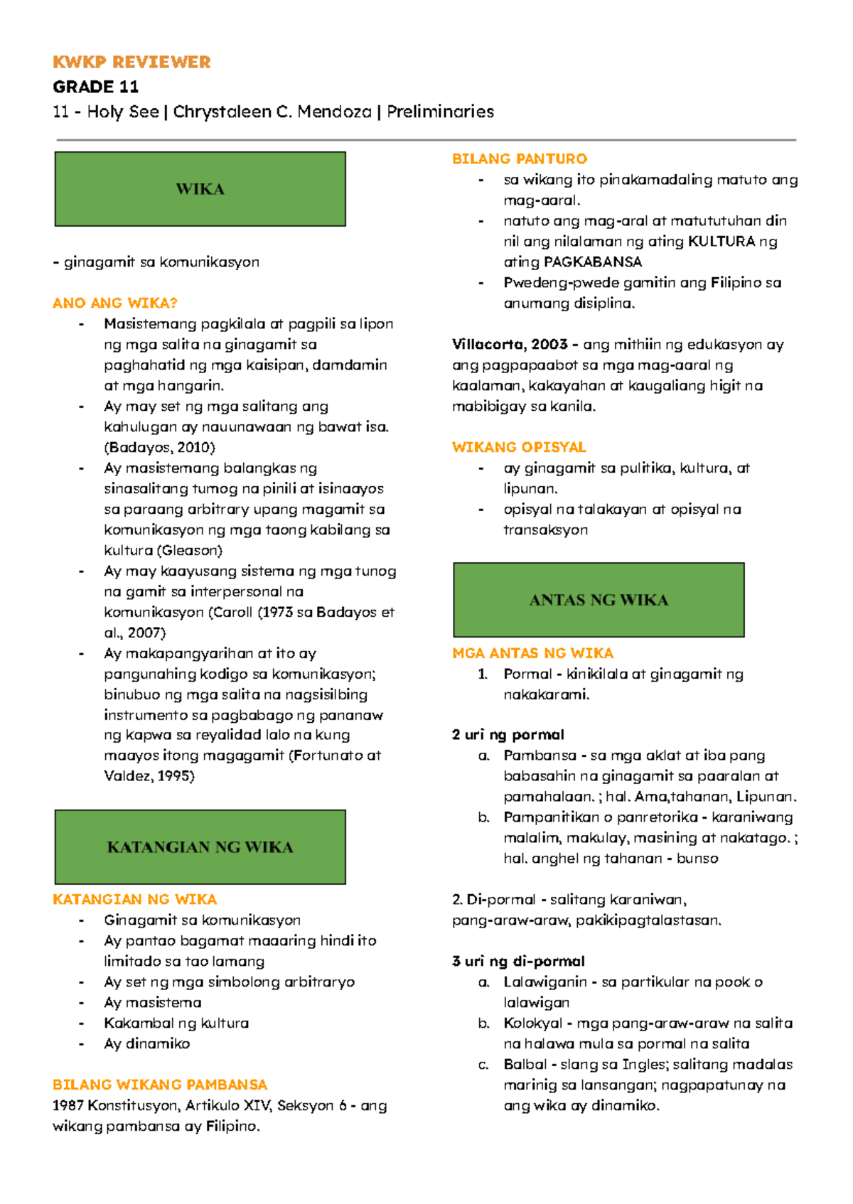 Kwkp - HUMSS NOTES - KWKP REVIEWER GRADE 11 11 - Holy See | Chrystaleen ...