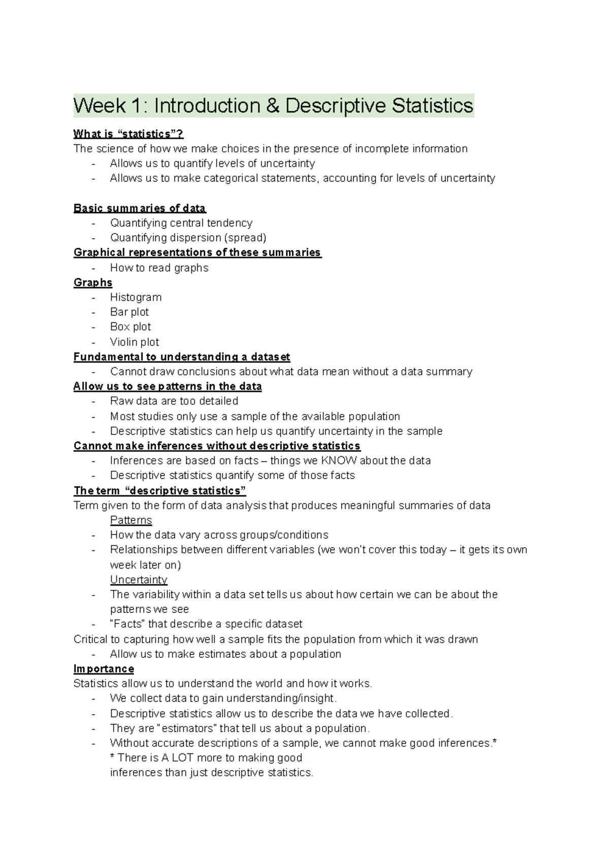 PSYCH 2811 A - Introductory Stats & Sampling Distribution Notes - Studocu