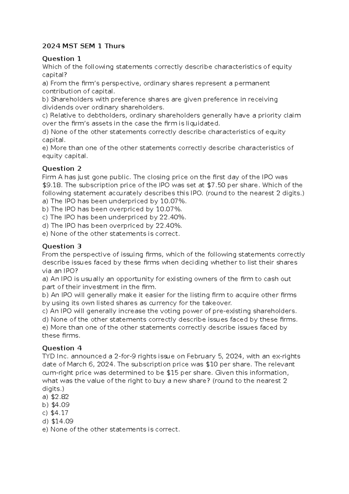 2024 MST Corp Finance SEM 1 Thurs Exam Questions and Answers - Studocu