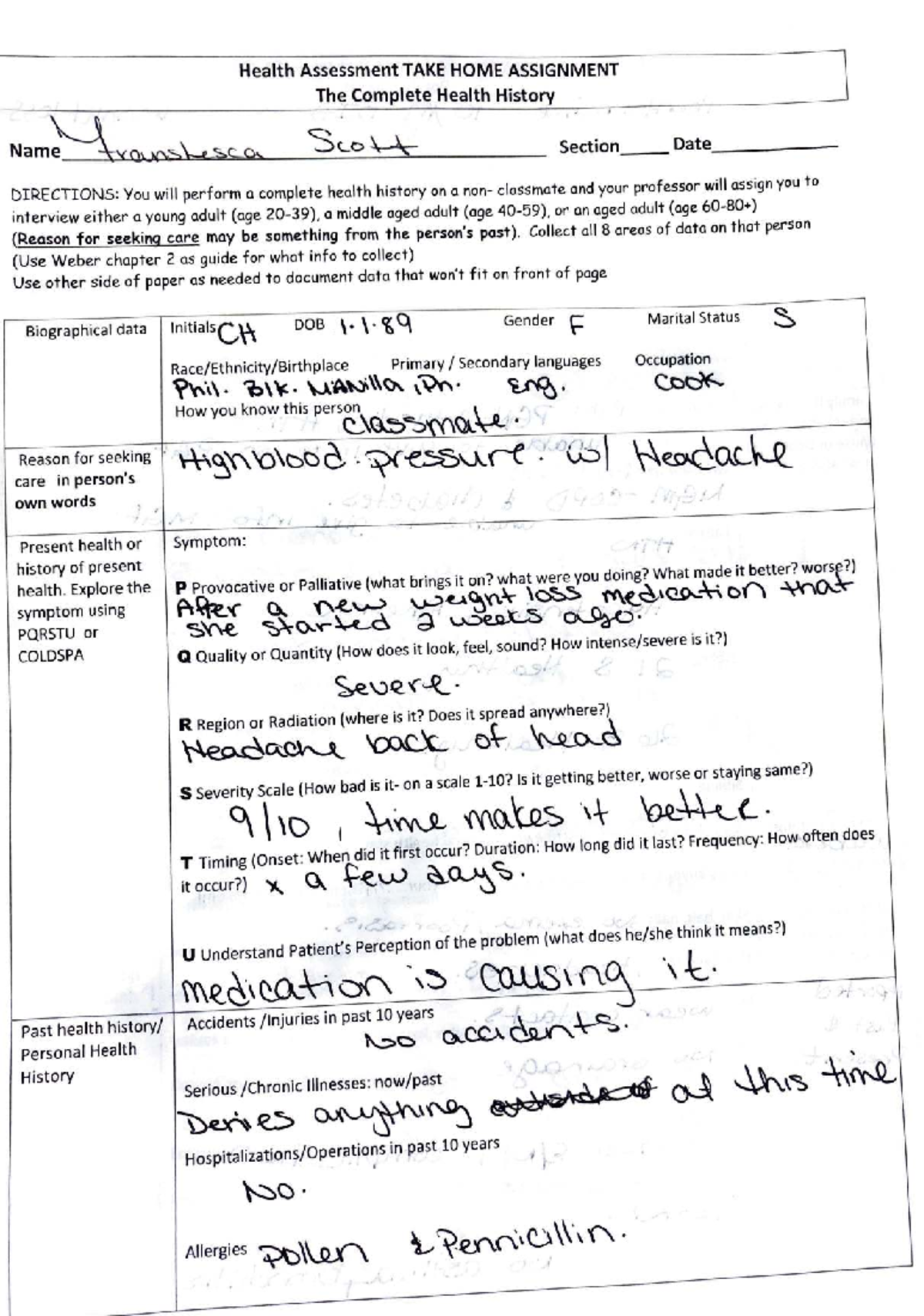Health Assessment Take Home Assignment: Complete Health History Guide ...