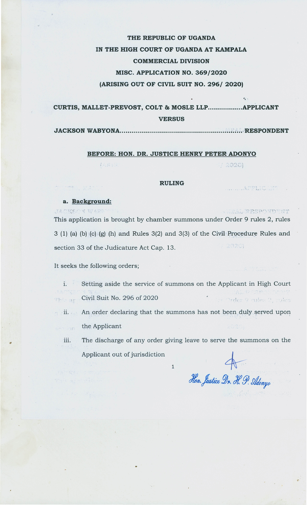 2020-UGCOMMC-22 4 - Ruling on Case Law in Civil Suit No. 296/2020 - Studocu
