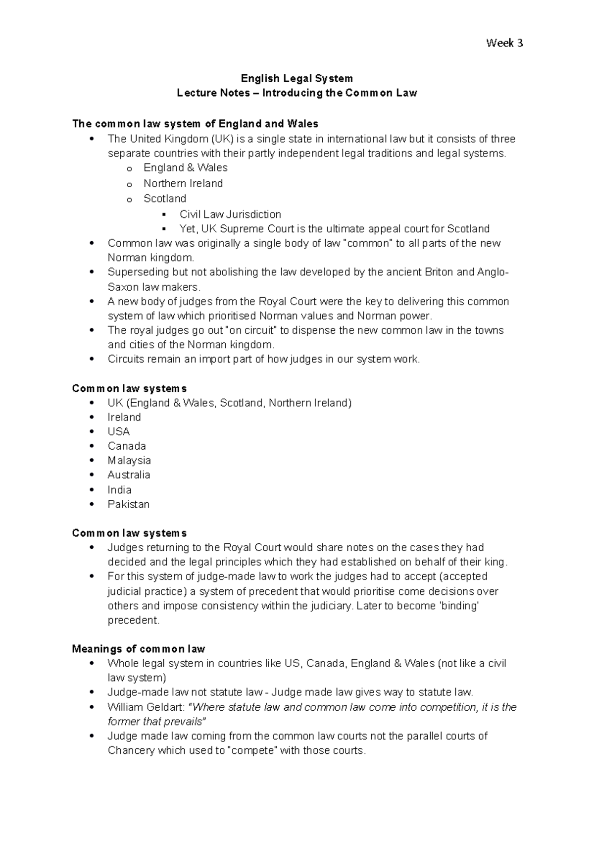 Common Law Lecture Notes - Week 3 Overview and Key Principles - Studocu