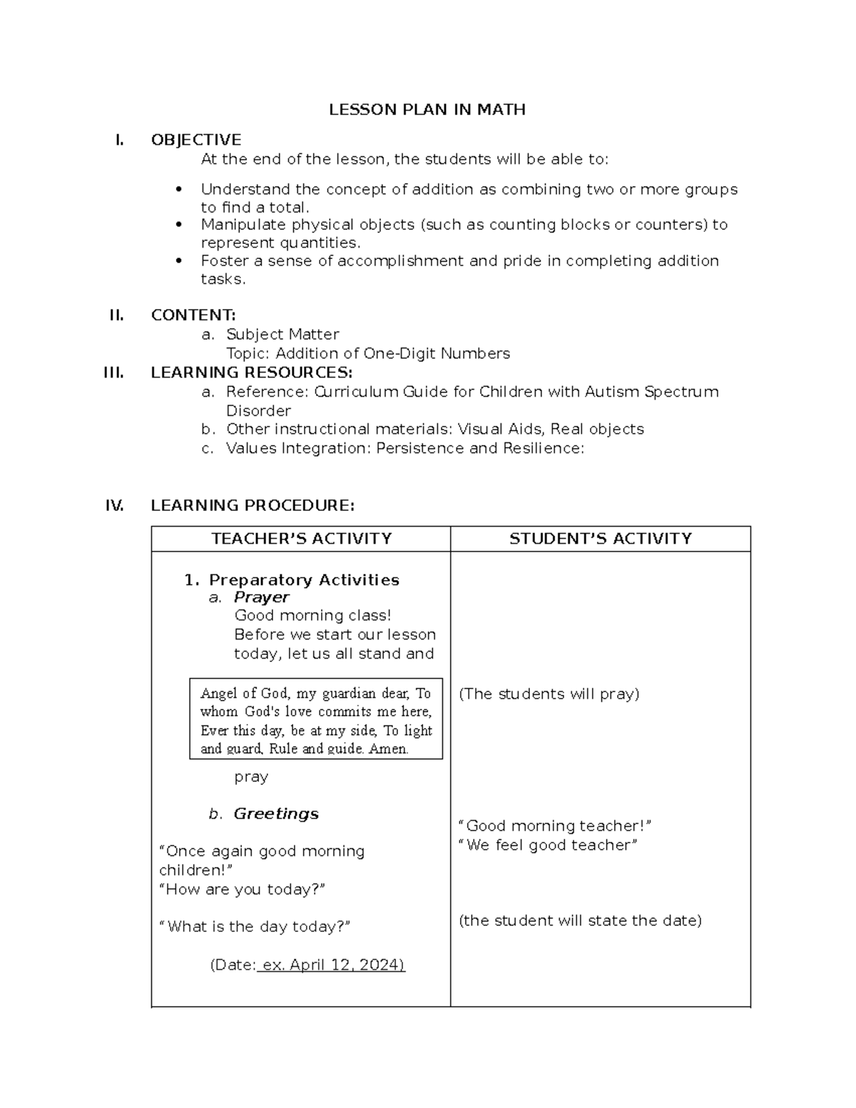 LP- MATH I: Lesson Plan on Addition Concepts and Activities - Studocu