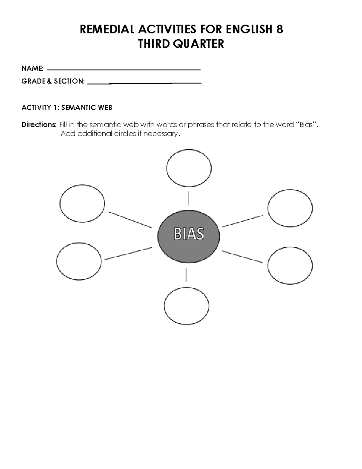 Remedial Activities for English 8: Third Quarter Tasks and Exercises ...