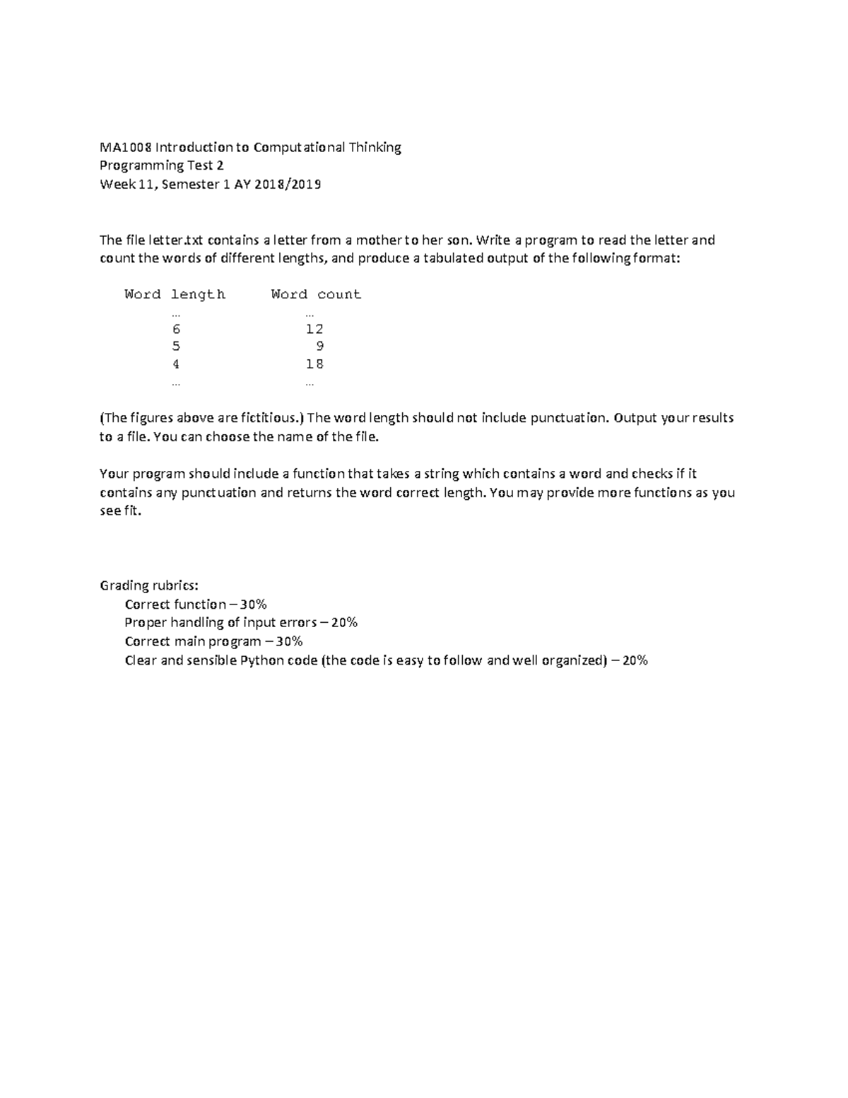 MA1008 Programming Test 2: Word Length Count in Python - Studocu