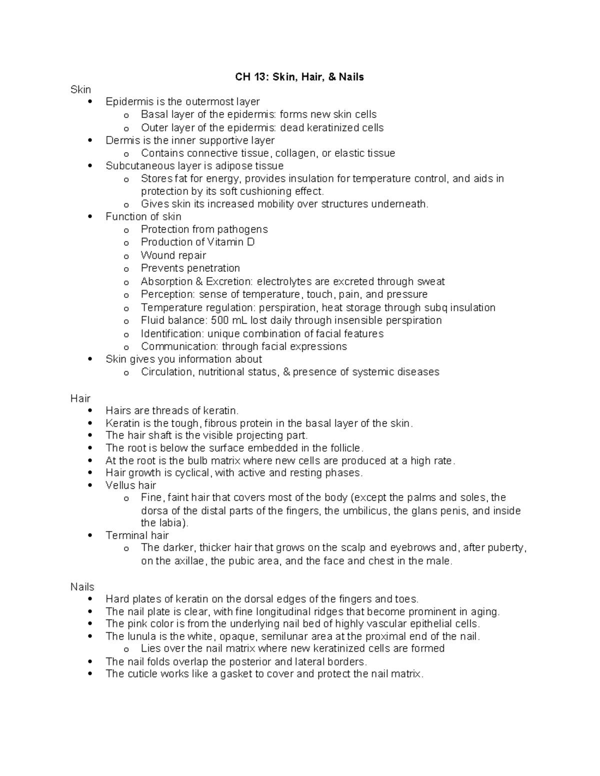 CH 13 Study Guide: Comprehensive Notes on Skin, Hair & Nails - Studocu